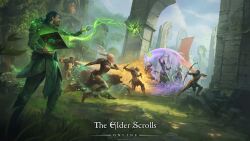 3girls 5boys absurdres bear beard black_hair book bow_(weapon) copyright_name english_text facial_hair grass grimoire highres holding holding_book holding_bow_(weapon) holding_knife holding_staff holding_weapon knife logo mage_staff magic multiple_boys multiple_girls official_art open_book outdoors ponytail ruins staff the_elder_scrolls the_elder_scrolls_online tree weapon white_hair wizard