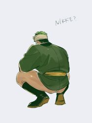 1boy ? ass_peek bara black_hair boots dark-skinned_male dark_skin facial_hair facing_away from_behind full_body fundoshi goatee green_hair happi headband highres ikusaba_daisuke japanese_clothes male_focus multicolored_hair muscular muscular_male short_hair solo squatting star_tattoo tattoo thick_thighs thigh_press thighs tokyo_houkago_summoners two-tone_hair wanijima