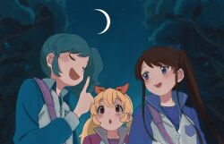 3girls :o absurdres aikatsu! aikatsu!_(series) aqua_hair blonde_hair blue_eyes bow brown_hair closed_eyes collared_jacket crescent_moon hair_bow highres hoshimiya_ichigo index_finger_raised iwami_(10308) jacket kiriya_aoi moon multiple_girls night open_mouth outdoors red_bow red_eyes shibuki_ran side_ponytail sidelocks sky star_(sky) starry_sky tareme tree twintails