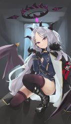 1girl ahoge armband ass belt belt_buckle black_gloves black_halo black_horns blue_archive boots bryantco buckle coat coat_on_shoulders demon_girl demon_horns demon_wings forehead fur-trimmed_coat fur_collar fur_trim gloves gold_trim hair_ornament hallway halo highres hina_(blue_archive) horns knee_boots long_hair long_sleeves looking_at_viewer low_wings military military_uniform miniskirt multiple_horns parted_bangs purple_eyes purple_wings red_armband serious side_slit sidelocks skirt solo thighhighs thighs wavy_hair white_hair wings