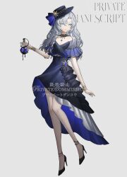 1girl :| absurdres bare_legs bare_shoulders black_dress black_footwear black_hat blue_bow blue_eyes bow bracelet breasts cleavage closed_mouth colored_eyelashes commission dress flask full_body grey_background grey_hair hair_between_eyes hand_up hat hat_bow high_heels highres holding holding_flask jewelry jiaolu_chongzu long_hair looking_at_viewer necklace off-shoulder_dress off_shoulder original reverse:1999 round-bottom_flask short_dress short_sleeves solo tachi-e watermark