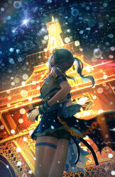 1girl absurdres advarcher black_shorts blue_hair blue_skirt highres hololive hololive_idol_uniform_(color_rise) hoshimachi_suisei idol_clothes outdoors real_world_location scenery shirt shorts shorts_under_skirt side_ponytail skirt solo thigh_strap tokyo_(city) tokyo_tower virtual_youtuber white_shirt