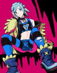 1boy aqua_eyes aqua_hair black_collar blue_leggings boots closed_mouth collar collarbone commentary_request grusha_(pokemon) hand_up highres jacket leggings long_sleeves looking_down male_focus midriff min_(myna8247) navel nintendo open_clothes open_jacket pink_background pokemon pokemon_sv single_off_shoulder sitting solo sports_bra torn_clothes torn_leggings yellow_jacket