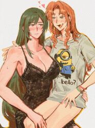 2girls aerith_gainsborough black_hair blush breasts brown_hair character_print closed_mouth despicable_me fang final_fantasy final_fantasy_vii green_eyes heart jeremr large_breasts long_hair minion_(despicable_me) multiple_girls open_mouth print_shirt red_eyes shirt sitting sitting_on_lap sitting_on_person tifa_lockhart very_long_hair yuri