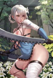 1futa black_gloves braid breasts brown_eyes closed_mouth detached_sleeves erection exlic flower foreskin futanari gloves hair_flower hair_ornament highres holding holding_sword holding_weapon jewelry kaine_(nier) large_breasts lips nature nier nier_(series) nipples no_bra no_panties outdoors penis solo sunlight sword testicles thighhighs thighlet tree uncensored weapon white_flower white_hair