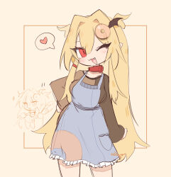 Rule 34 | 1girl, :3, bat wings, blonde hair, blue skirt, blue vest, border, brown background, brown border, brown shirt, ceroro, character request, check copyright, chibi, chibi inset, collar, commentary, copyright request, cowboy shot, donut, donut hair ornament, donut print, double-parted bangs, english commentary, fang, food, food-themed hair ornament, food print, frilled skirt, frills, hair between eyes, hair ornament, heart, highres, holding, holding donut, holding food, long hair, one eye closed, open mouth, original, pointy ears, red collar, red eyes, shirt, signature, simple background, skirt, smile, speech bubble, spoken heart, vest, wings