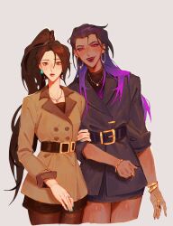 2girls belt black_jacket black_nails bracelet breasts brown_jacket dark-skinned_female dark_skin earrings highres holding_another&#039;s_arm jacket jewelry long_hair looking_at_viewer multicolored_hair multiple_girls necklace ponytail purple_eyes purple_hair reyna_(valorant) ring sage_(valorant) simple_background sussy_(sushushh) thighhighs valorant white_background yuri