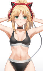 1girl animal_ear_headphones animal_ears arms_up bare_shoulders blonde_hair blush breasts cat_ear_headphones choker fake_animal_ears fate/apocrypha fate_(series) green_eyes hair_ornament hairclip headphones highres long_hair looking_at_viewer mordred_(fate) mordred_(fate/apocrypha) panties parted_bangs ponytail sidelocks small_breasts solo sports_bra tonee underwear