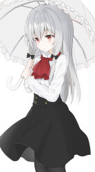 1girl :/ absurdres ascot black_bow black_pantyhose black_skirt bow closed_mouth cowboy_shot frilled_sleeves frills grey_hair hair_bow high-waist_skirt highres holding holding_umbrella k12040707 light_frown long_hair long_sleeves looking_down pantyhose red_ascot red_eyes shirt sidelocks skirt solo sophie_twilight tonari_no_kyuuketsuki-san umbrella very_long_hair white_shirt white_umbrella