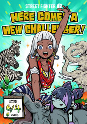 2girls animal animal_print arm_up armlet bandeau bracelet dark-skinned_female dark_skin elena_(street_fighter) elephant english_text eyelashes hair_horns hair_over_one_eye han_juri highres hippopotamus jewelry kangyaku multicolored_hair multiple_girls multiple_others open_mouth scarf smile streaked_hair street_fighter street_fighter_6 tusks white_bandeau white_hair zebra zebra_print