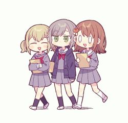 0_0 3girls :d ^_^ black_jacket black_legwear blonde_hair blush brown_hair character_request closed_eyes drawstring girl_sandwich green_eyes grey_background grey_hair grey_serafuku grey_shirt grey_skirt hinomori_shiho hood hood_down hooded_jacket jacket long_hair long_sleeves multiple_girls neckerchief open_clothes open_jacket open_mouth pleated_skirt project_sekai puffy_long_sleeves puffy_sleeves red_neckerchief sailor_collar sandwiched school_uniform serafuku shirt shoes skirt sleeves_past_wrists smile socks twintails uso_(ameuzaki) walking white_footwear white_legwear white_sailor_collar