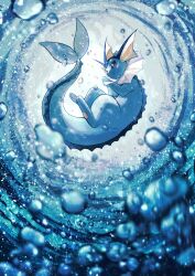 Rule 34 | :3, animal focus, bubble, closed mouth, commentary request, fins, fish tail, full body, gen 1 pokemon, head fins, highres, kuchiba (jret2454), nintendo, no humans, pawpads, pokemon, pokemon (creature), pokemon focus, purple eyes, solo, swimming, tail, underwater, vaporeon, water