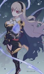 1girl 343rone absurdres armor armored_leotard black_armor black_hairband black_leotard black_thighhighs breasts cape cleavage closed_mouth female_corrin_(fire_emblem) female_corrin_(nohr_noble)_(fire_emblem) fire_emblem fire_emblem_fates grey_hair hair_between_eyes hairband highres large_breasts leotard long_hair looking_at_viewer nintendo official_alternate_costume pointy_ears red_eyes solo thighhighs torn_cape torn_clothes