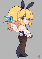 Rule 34 | 1girl, android, animal ear hairband, animal ears, ass, bare shoulders, black hairband, black leotard, black pantyhose, black shoes, blonde hair, blush, chibi, chibi only, closed mouth, energy tank, fake animal ears, fake tail, full body, green eyes, grey background, hairband, high heels, highres, leotard, medium hair, mega man (series), miyata (lhr), pantyhose, ponytail, roll (mega man), shoes, simple background, solo, tail, wrist cuffs