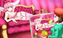 2girls adeleine alternate_breast_size armpit_peek arms_behind_head beret blue_eyes bow bra breasts brown_hair cleavage couch garter_belt garter_straps green_shirt grin hair_bow hat iharuluna kirby_(series) large_breasts lingerie long_sleeves lying model modeling multiple_girls navel nintendo paintbrush painting_(action) painting_(object) paint_palette panties pink_bra pink_hair pink_legwear pink_panties purple_eyes red_headwear ribbon_(kirby) shirt short_hair smile teeth thighhighs underwear wings