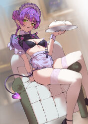 1girl absurdres apron braid breasts cleavage_cutout clothing_cutout commentary croo_(croo168) crop_top demon_girl demon_tail food green_eyes hashtag-only_commentary highres hololive looking_at_viewer maid maid_apron maid_headdress medium_breasts medium_hair purple_hair sitting solo steamed_bun tail thighhighs tokoyami_towa tray twin_braids virtual_youtuber waist_apron wrist_cuffs