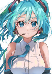 1girl absurdres amateru aqua_eyes aqua_hair blue_necktie breasts detached_sleeves hair_between_eyes hair_ornament hatsune_miku headphones highres long_hair looking_at_viewer medium_breasts necktie open_mouth shirt simple_background sleeveless solo twintails vocaloid white_background white_shirt