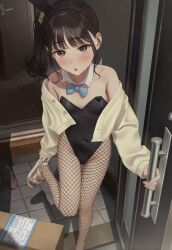 1girl :o animal_ears black_hairband black_leotard blue_bow blue_bowtie blush bow bowtie box breasts brown_shoes cardboard_box commentary_request door doorway fake_animal_ears feet fishnet_pantyhose fishnets hairband highres legs leotard looking_at_viewer open_door original pantyhose playboy_bunny pov pov_doorway rabbit_ears sandals shadow shoes small_breasts solo standing standing_on_one_leg tile_floor tiles toes unworn_shoes white_sandals yukiyama_momo