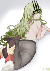 Rule 34 | 1boy, 1girl, :|, absurdres, aqua eyes, artist name, ass, back, black nails, black pantyhose, captain (honkai impact), closed mouth, commentary, crown, earrings, feet, foot focus, foot massage, foreshortening, full body, gradient eyes, green hair, hair between eyes, headpiece, highres, honkai (series), honkai impact 3rd, jewelry, large variant set, legs up, long hair, looking at viewer, looking back, lying, mobius (honkai impact), multicolored eyes, nail polish, ninai, no shoes, nude, on stomach, pantyhose, pov, pov hands, shirt, sidelocks, slit pupils, soles, symbol-only commentary, the pose, thighs, toenail polish, toenails, toes, variant set, wavy hair, white background, white shirt