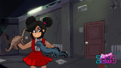 1girl behemoth copyright_name double_bun female_focus hair_bun happy highres katana_zero leviathan_(mythology) little_girl_(katana_zero) official_art overall_skirt playing red_skirt shirt skirt smile solo stuffed_animal stuffed_toy trading_card twintails whoisnassstya