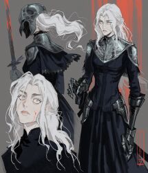 1girl armor black_dress blood capelet cheseely clawed_gauntlets dark_souls_(series) dark_souls_iii dress grey_background grey_eyes hair_intakes helmet high_collar highres hip_armor holding holding_sword holding_weapon long_sleeves multiple_views pauldrons scabbard sheath shoulder_armor simple_background solo sword upper_body weapon white_hair yuria_of_londor