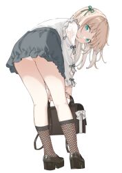 Rule 34 | 1girl, bag, bent over, black bag, black shoes, black socks, blonde hair, closed mouth, expressionless, fishnet socks, fishnets, frilled skirt, frilled sleeves, frills, from behind, full body, green eyes, green ribbon, grey skirt, hair ribbon, highres, holding, holding bag, lace, lace-trimmed panties, lace trim, leaning forward, long hair, long sleeves, looking at viewer, looking back, maigoyaki, miniskirt, original, panties, pantyshot, ribbon, shirt, shoes, simple background, skirt, socks, solo, underwear, white background, white panties, white shirt