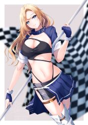 Rule 34 | 1girl, belt, black skirt, blonde hair, blue eyes, blue gloves, blue skirt, boots, breasts, checkered flag, commentary, flag, gloves, hachiware (8ware63), half-skirt, highleg, highleg panties, highres, holding, holding flag, hornet (kancolle), kantai collection, large breasts, layered skirt, long hair, looking at viewer, midriff, miniskirt, navel, panties, partially fingerless gloves, pleated skirt, race queen, shrug (clothing), skirt, smile, solo, thigh boots, underwear, white belt, white boots