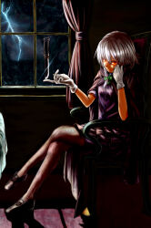 1girl absurdres balancing_on_finger black_cape black_shirt black_shoes bow braid brown_leggings cape closed_mouth crossed_legs curtains frilled_skirt frills gloves green_bow grey_hair hair_bow highres indoors izayoi_sakuya kcajonama knife leggings lightning looking_at_viewer m.u.g.e.n orange_eyes rain satsujinki shirt shoes sitting skirt solo tohno_shiki touhou white_gloves window