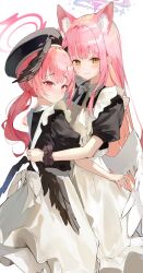 2girls absurdres adjusting_another&#039;s_clothes animal_ear_fluff animal_ears animal_ears_(norankkori) apron beret black_dress black_hat black_wings blue_archive blush cat_ears closed_mouth dress frilled_apron frills halo hat head_wings highres koharu_(blue_archive) long_hair looking_at_viewer low_wings maid maid_apron mika_(blue_archive) multiple_girls pink_eyes pink_hair pink_halo puffy_sleeves sidelocks simple_background smile twintails white_apron white_background white_wings wings yellow_eyes