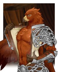 1boy beak bird_boy bird_wings claws closed_eyes commentary elden_ring elden_ring_nightreign english_commentary furry furry_male guardian_(elden_ring) highres karasumisso male_focus navel pectorals profile sigh sweat toned toned_male undressing wings