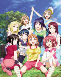 6+girls :d ahoge aqua_eyes arm_up artbook black_hair blonde_hair blue_eyes blue_hair blue_shirt blue_shorts blue_sky blush braid breasts brown_hair cloud collarbone crown_braid day floating_hair grey_hair grin hair_between_eyes hair_bun hair_ornament hairclip hand_in_own_hair hand_on_another&#039;s_shoulder hat high_ponytail highres kneeling kunikida_hanamaru kurosawa_dia kurosawa_ruby long_hair looking_at_viewer love_live! love_live!_sunshine!! matsuura_kanan miniskirt mole mole_under_mouth multiple_girls non-web_source off-shoulder_shirt off_shoulder official_art ohara_mari open_mouth orange_hair outdoors outstretched_arms pants pink_shirt pink_shorts pink_skirt ponytail print_shirt purple_eyes purple_hair red_eyes red_hair red_shirt red_shorts sakurauchi_riko shirt shoes short_hair short_shorts short_sleeves shorts sitting skirt sky smile socks striped_clothes striped_shirt takami_chika thighhighs tree tsushima_yoshiko two_side_up watanabe_you white_shirt white_shorts white_skirt wristband yellow_eyes yellow_shirt