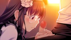 1boy 1girl alternate_costume black_hairband black_pants black_ribbon blush brown_hair censored clothed_sex collar enmaided erection eyebrows_hidden_by_hair faceless faceless_male fingernails flower frilled_collar frills from_side fumio_(ura_fmo) game_cg glasses grisaia_(series) grisaia_no_meikyuu hair_flower hair_ornament hair_ribbon hairband handjob hetero imminent_fellatio kazami_yuuji kneeing long_eyelashes long_fingernails long_hair long_sidelocks looking_at_penis maid mosaic_censoring non-web_source official_art open_fly pants parted_lips penis penis_out portrait profile purple_eyes red_eyes ribbon rimless_eyewear round_eyewear shirt sidelocks sideways_mouth sitting sunset tachibana_chizuru_(grisaia) tareme thick_eyelashes white_flower white_shirt