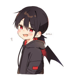 +++ 1boy bat_wings black_hair black_hoodie blush child cropped_torso dated dot_nose double-parted_bangs drawstring fang far_tarooo hair_between_eyes highres hood hood_down hoodie laughing male_focus open_mouth original ponytail red_eyes shiro_(far_tarooo) short_hair short_ponytail smile solo two-sided_hoodie wings