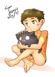 1boy absurdres bottomless brown_eyes brown_hair highres male_focus original penis pet shota testicles toxyz