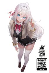 1girl ahoge alisa_mikhailovna_kujou bicio black_skirt black_vest blazer blue_eyes bow bowtie brown_shoes closed_mouth collared_shirt full_body grey_jacket hair_ribbon hand_up highres jacket light_blush loafers long_hair long_sleeves looking_at_viewer miniskirt pleated_shirt qr_code red_bow red_bowtie red_ribbon ribbon shirt shoes signature skirt solo standing thighhighs tokidoki_bosotto_roshia-go_de_dereru_tonari_no_alya-san vest white_hair white_shirt white_thighhighs zettai_ryouiki