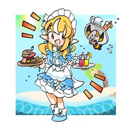 1girl artist_request beach burger cup day deformed drinking_glass elfriend_(shiranui_flare) flying_sweatdrops food highres hololive holonatsu_paradise oekaki palm_tree red_eyes serving shiranui_flare shiranui_flare_(holonatsu_paradise) simple_background solo sun sweatdrop tree