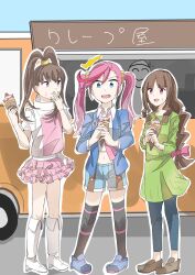3boys ahoge amano_nene_(digimon_xros_wars) digimon digimon_ghost_game digimon_universe:_appli_monsters digimon_xros_wars food fruit hair_ornament hairclip happy highres karan_eri long_hair looking_at_another multiple_boys pink_hair ponytail purple_eyes smile split_ponytail strawberry tsukiyono_ruli twintails zuhana