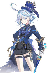 1girl absurdres ascot black_shirt black_shorts blue_ascot blue_eyes blue_hair blue_hat blue_jacket commentary cropped_legs furina_(genshin_impact) genshin_impact gloves hair_between_eyes hat heterochromia highres jacket long_sleeves looking_at_viewer open_clothes open_jacket parted_lips purple_eyes rishaku_(user_cuwx8758) shirt short_hair short_shorts shorts simple_background smile solo thigh_strap top_hat white_background white_gloves