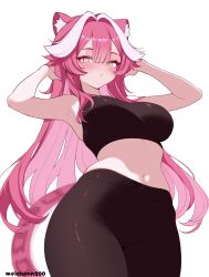 Rule 34 | 1girl, :&lt;, animal ears, armpits, arms up, artist name, bare shoulders, blush, breasts, brown pants, brown tank top, closed mouth, commentary, hair intakes, hashtag-only commentary, highres, hololive, hololive english, large breasts, long hair, meichan, multicolored hair, navel, panther ears, panther girl, panther tail, pants, pink hair, raora panthera, simple background, skindentation, solo, stomach, streaked hair, tail, tank top, thighs, two-tone hair, virtual youtuber, white background, yellow eyes