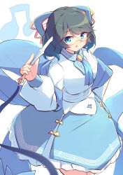 1girl absurdres blue_bow blue_dress blue_eyes blue_hair blush bow breasts buttons commentary_request curly_hair dress duel_monster glasses hair_bow hair_ornament highres holding holding_instrument holding_wand instrument kanzakietc large_breasts long_sleeves looking_at_viewer misolfachord_eliteia musical_note necktie open_mouth pointy_ears short_hair solo upper_body wand white_background yu-gi-oh!