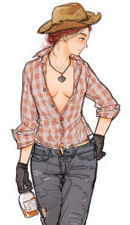 1girl alcohol blouse blue_eyes blush bottle breasts buttons cleavage collarbone cowboy_hat cowboy_shot fallout:_new_vegas fallout female_focus gloves hand_on_own_hip hat jewelry looking_away medium_breasts necklace pants profile red_hair rose_of_sharon_cassidy shirt simple_background solo unbuttoned whiskey white_background y_(chos)