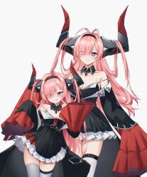 2girls :p absurdres arms_behind_back azur_lane bare_shoulders black_dress black_hairband blush breasts cleavage commentary cross danraz0r detached_collar dress english_commentary finger_to_face frilled_dress frills hair_on_horn hair_over_one_eye hairband hands_up happy highres horns iron_cross long_hair medium_breasts mother_and_daughter multiple_girls off-shoulder_dress off_shoulder pink_hair pleated_dress prinz_rupprecht_(azur_lane) purple_eyes skindentation smile solo strap_slip thigh_strap thighhighs thighs tongue tongue_out very_long_hair very_long_sleeves wide_sleeves