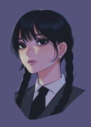 Rule 34 | 1girl, 23i2ko, addams family, black eyes, black hair, black necktie, black suit, blue background, blunt bangs, braid, collared shirt, expressionless, formal clothes, long hair, looking at viewer, necktie, portrait, shirt, simple background, solo, suit, twin braids, wednesday (netflix), wednesday addams, white shirt