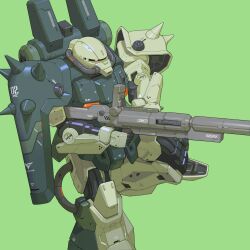 advance_of_zeta beam_cannon bmwsb0 cable commentary english_commentary green_background gundam highres hizack hizack_custom holding holding_weapon machinery mecha mecha_focus mobile_suit no_humans one-eyed original pink_eyes realistic redesign robot roundel science_fiction shield shoulder_spikes simple_background solo spikes titans_(gundam) weapon zeta_gundam