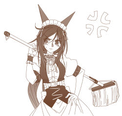1girl alternate_costume animal_ears annoyed apron back_bow belt_around_waist belt_buckle blush bow buckle buttons cat_ears chaos;child collar dress eibon enmaided fake_animal_ears frilled_collar frilled_dress frilled_hairband frills hair_between_eyes hairband holding kunosato_mio long_hair long_skirt looking_to_the_side maid maid_apron maid_headdress mayqueen_maid_uniform monochrome pink_lips puffy_short_sleeves puffy_sleeves red_ribbon ribbon ribbon-trimmed_collar ribbon-trimmed_corset ribbon-trimmed_hairband ribbon-trimmed_sleeves ribbon_trim science_adventure shiny_lips short_sleeves simple_background skirt solo steins;gate white_apron white_background white_bow white_dress wrist_cuffs