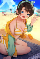 3girls absurdres animal_ears bikini black_hair blue_eyes blue_jacket blue_sky blush breasts brown_hair cleavage highres hololive jacket large_breasts multicolored_hair multiple_girls official_alternate_costume ookami_mio ookami_mio_(hololive_summer_2019) oozora_subaru oozora_subaru_(hololive_summer_2019) pink_hair red_hair sakura_miko sakura_miko_(hololive_summer_2019) sky streaked_hair striped_bikini striped_clothes swimsuit takotakochan_1006 virtual_youtuber wolf_ears wolf_girl yellow_bikini