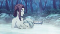 2girls animated breasts elea_the_red_tag face_to_breasts highres ishura large_breasts multiple_girls nude onsen outdoors pointy_ears tagme video water yuri