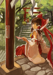 1girl architecture ascot bow brown_eyes brown_hair day detached_sleeves east_asian_architecture female_focus grass hair_bow hair_tubes hakurei_reimu head_tilt highres hokora_(shrine) icomochi looking_at_viewer looking_back ofuda outdoors path road rock shide short_hair sitting skirt skirt_set solo stairs torii touhou tree
