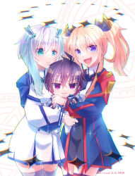 1boy 2girls anos_voldigoad black_hair blonde_hair blue_eyes demon_king_academy_school_uniform green_eyes grey_hair highres maou_gakuin_no_futekigousha misha_necron multiple_girls purple_eyes ribbon ritsuka_(rituka) sasha_necron school_uniform siblings sisters twins