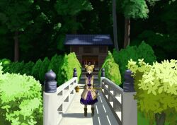Rule 34 | 1girl, absurdres, belt, black belt, blonde hair, boots, bridge, brown boots, brown shirt, closed mouth, commentary request, day, dress, full body, hair horns, highres, holding incense burner, incense burner, looking at viewer, outdoors, purple dress, railing, ritsuzou, scenery, shirt, short hair, shrine, smile, solo, touhou, toyosatomimi no miko, tree
